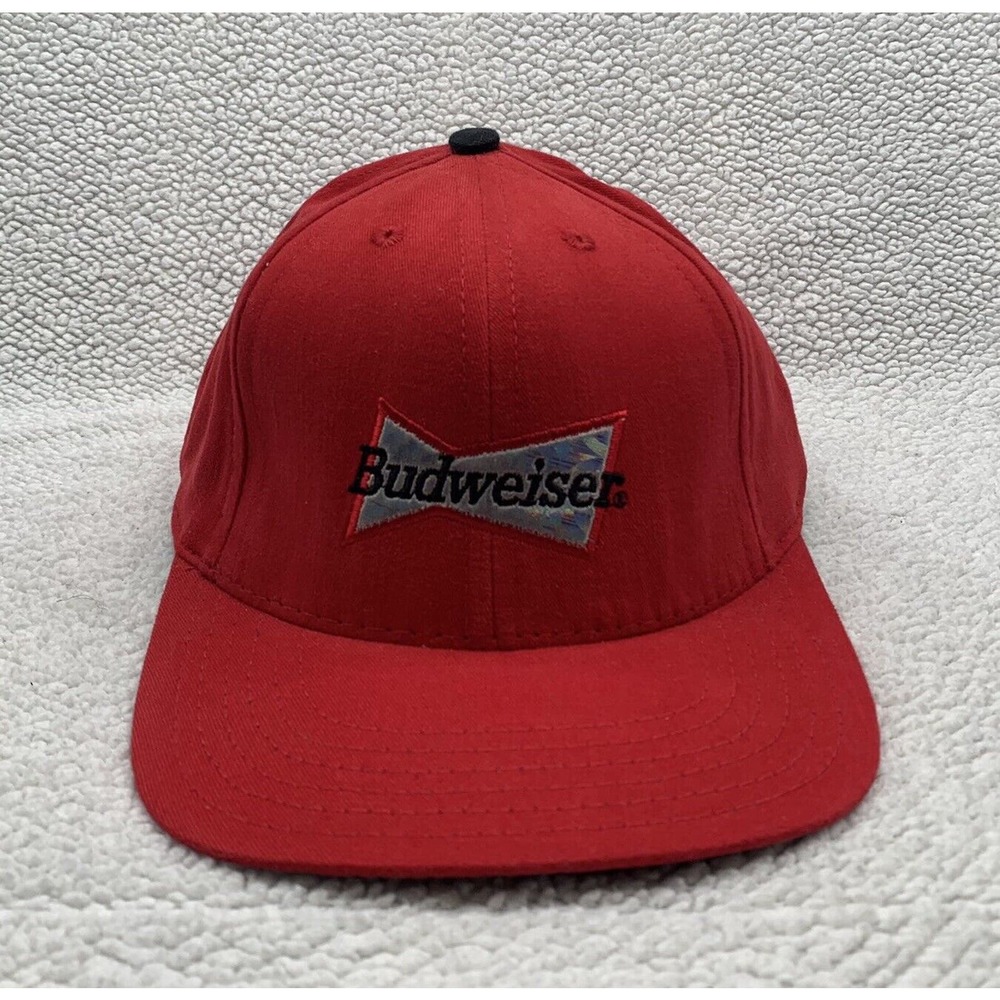 VTG Budweiser Hat Cap Mens OSFM‎ Leather Strap Red Iridescent Logo USA Beer Dad